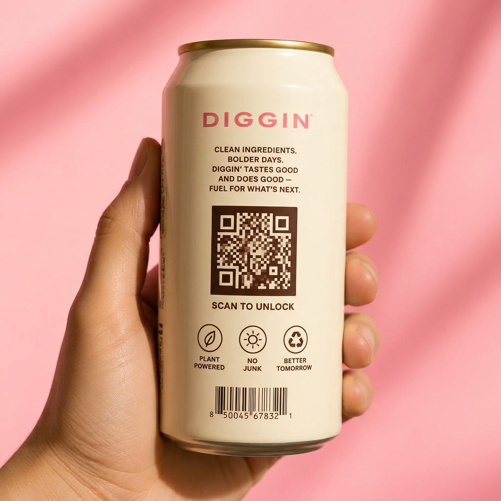 Back of DIGGIN can with Scan to Unlock QR code