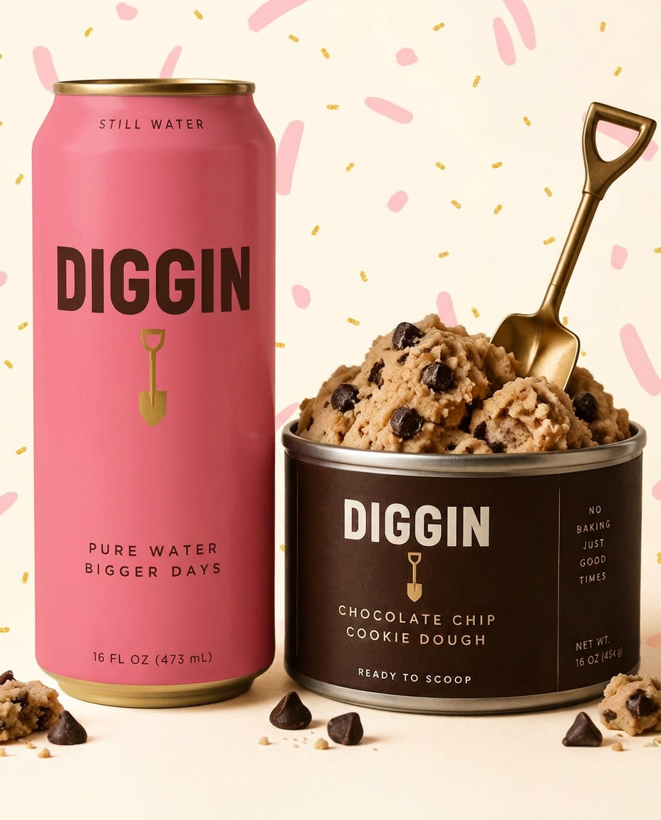 DIGGIN branded water can beside a cookie tin with gold shovel