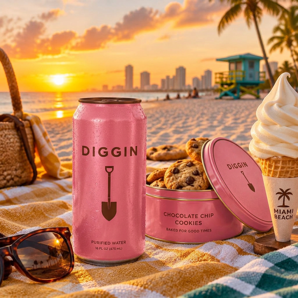 DIGGIN can on Miami Beach at sunset with cookies and soft serve